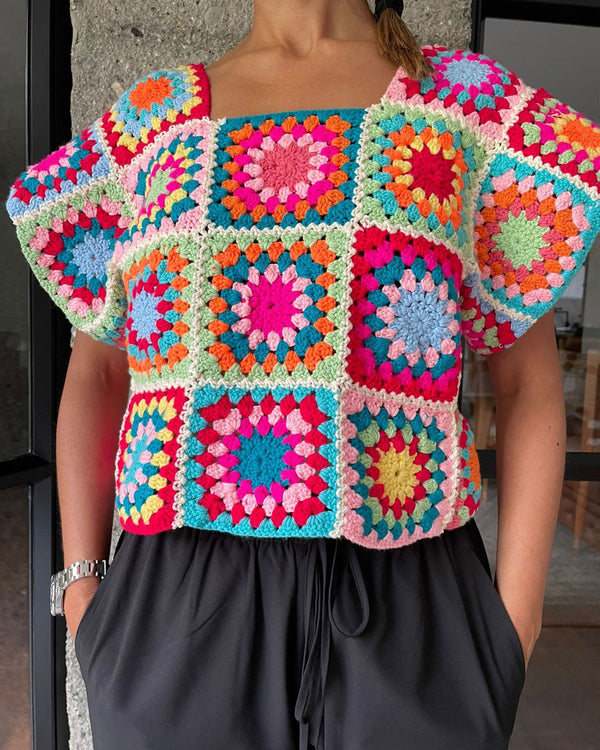 Camiseta Blusa Crochet Granny Square Granny Crochet Colorful Shirt